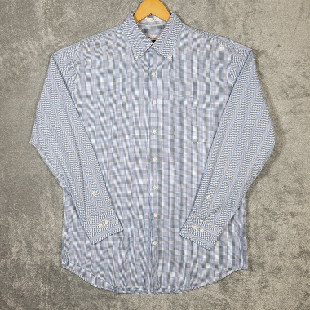 Peter Millar Shirt Mens Large L Button Up Blue Pink Gold Plaid Golf Adult Preppy